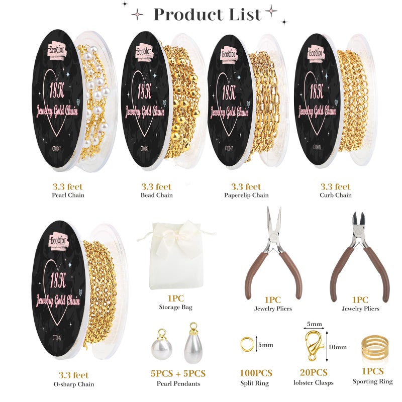 Ecoofor 18K Gold Jewelry Making Kit with Gift Box - 16.6ft 5 Rolls DIY Bracelet & Necklace Chains with 136 Pendants, Jump Rings, Lobster Clasps, Jewelry Pliers & Charm Making Kit, Christmas Gift - Image 3