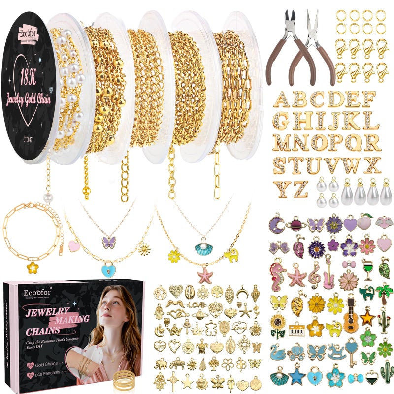 Ecoofor 18K Gold Jewelry Making Kit with Gift Box - 16.6ft 5 Rolls DIY Bracelet & Necklace Chains with 136 Pendants, Jump Rings, Lobster Clasps, Jewelry Pliers & Charm Making Kit, Christmas Gift - Image 1