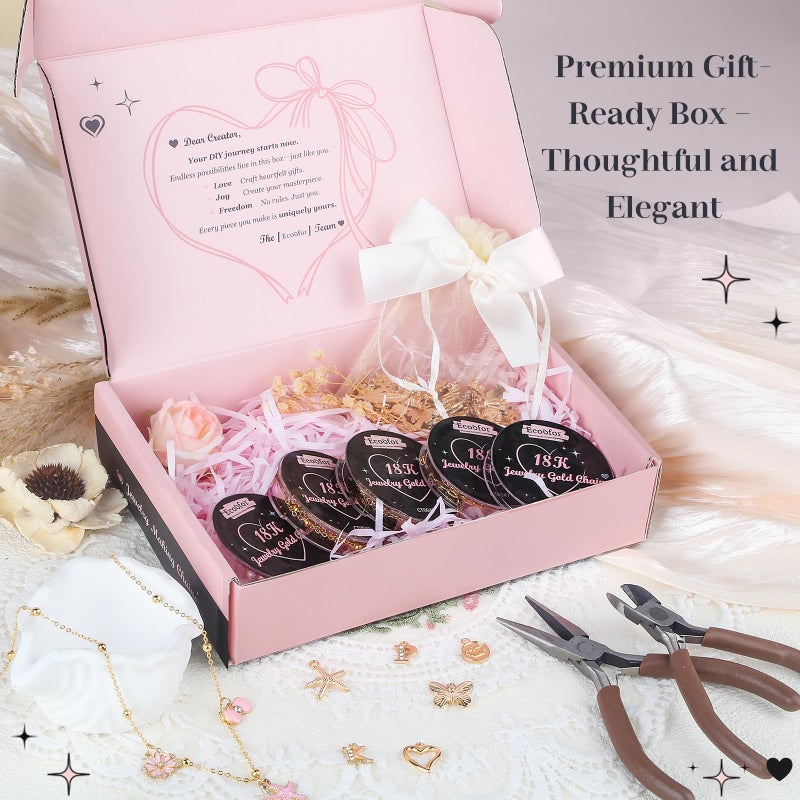 Ecoofor 18K Gold Jewelry Making Kit with Gift Box - 16.6ft 5 Rolls DIY Bracelet & Necklace Chains with 136 Pendants, Jump Rings, Lobster Clasps, Jewelry Pliers & Charm Making Kit, Christmas Gift - Image 5