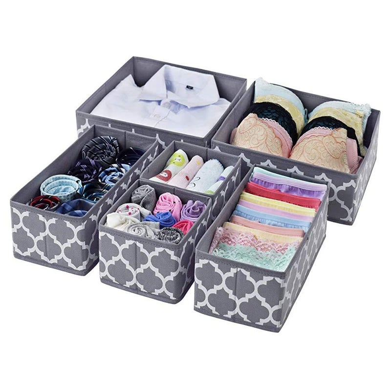 FowWelt FowWelt Foldable Set of 6 Cloth Storage Box Closet Dresser Drawer Organizer Cube Basket Bins Containers Divider with Drawers for Underwear Bras Socks Ties Scarves Set of 6 Grey Lantern - Image 1