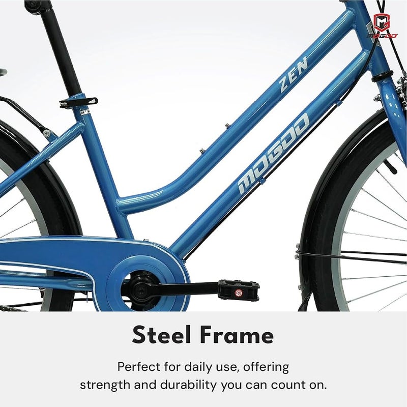 Mogoo Zen City Bike - 24/26-Inch, Unisex Durable Steel Frame, Adjustable Seat, Front Basket, Rear Carrier, Hand Brakes, Steel Fenders, Sporty Design for Comfortable Urban Rides - Image 3