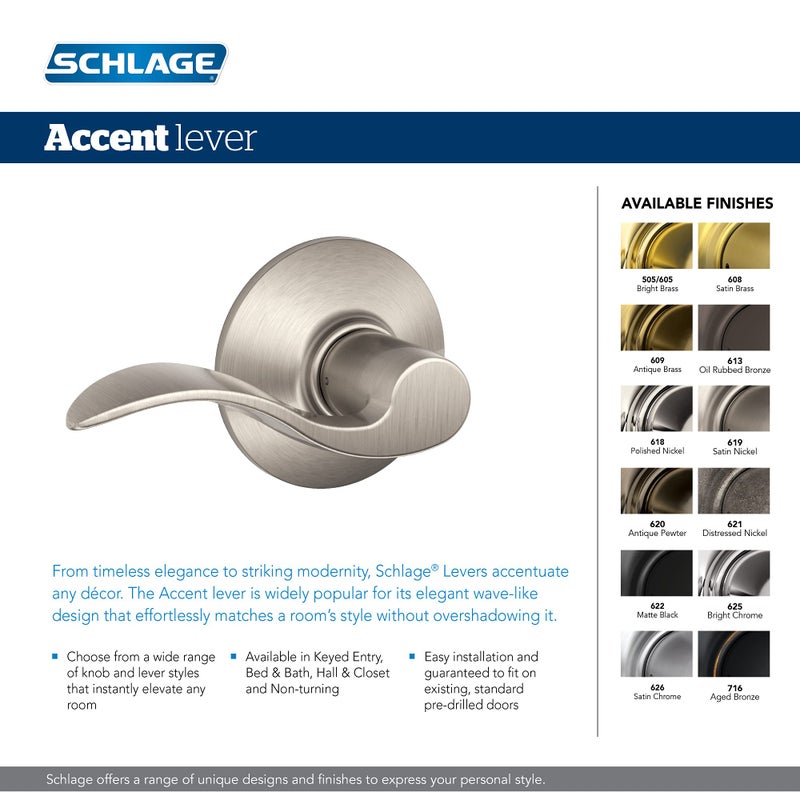 Schlage F40 V Acc 619 Accent Door Lever  Bed & Bath Privacy Lock  Satin Nickel  5.5""L X 2.25""W - Image 2