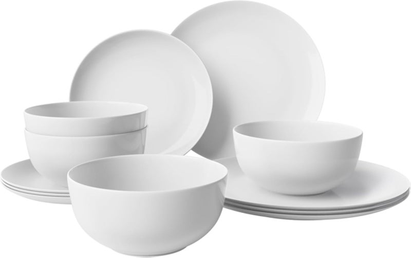 Yoshy 12-Piece White Bone China Dinnerware with Lightweight Durable Chip Resistant Design Service for 4