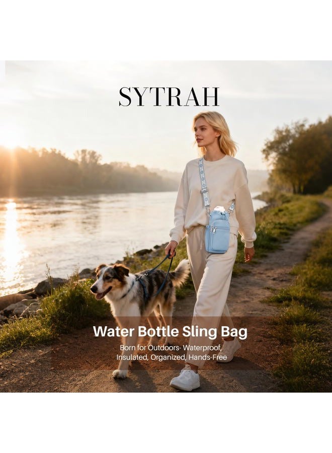 SYTRAH Water Bottle Carrier Bag with Strap, Water Bottle Purse with Phone Pocket 40oz, Insulated Crossbody Bags for Walking Hiking Grey Blue - Image 3