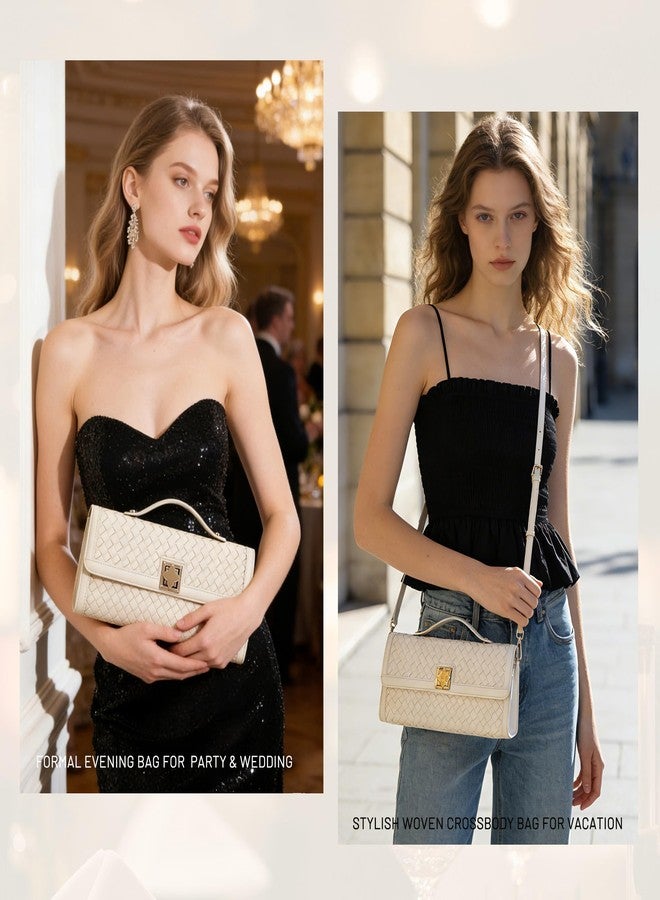 Sumrains Woven Vegan Leather Clutch for Women: Evening Wedding Party Bag with Butterfly Lock and Detachable Adjustable Crossbody Strap (Off-white) - Image 2