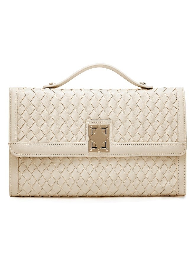 Sumrains Woven Vegan Leather Clutch for Women: Evening Wedding Party Bag with Butterfly Lock and Detachable Adjustable Crossbody Strap (Off-white) - Image 1