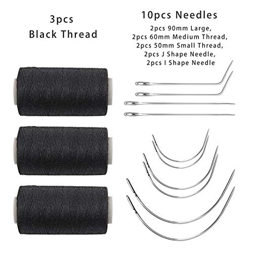 Ryalan Weaving Needle Combo Deal Black Thread with 10pcs Needle for Making Wig Sewing Hair Weft Hair Weave Extension, Big Medium and Small C J Shape Curved Needle I Needle (3 Thread Black + 10 Needle) - Image 2