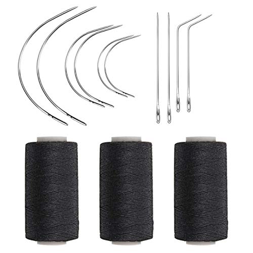 Ryalan Weaving Needle Combo Deal Black Thread with 10pcs Needle for Making Wig Sewing Hair Weft Hair Weave Extension, Big Medium and Small C J Shape Curved Needle I Needle (3 Thread Black + 10 Needle) - Image 1