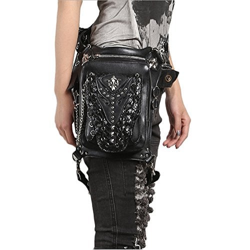 Chikencall Gothic Steampunk Waist Bag Drop Leg Arm Pack Waist Shoulder Fanny Pack Purse Pouch Black - Image 2