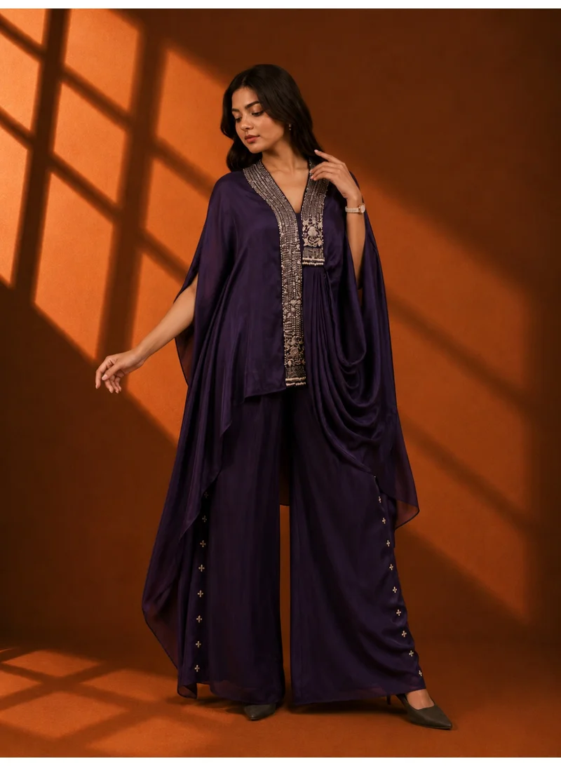 Lehar Midnight Purple Hand-Embellished Drape Kaftan Set with Wide-Leg Palazzo Pants