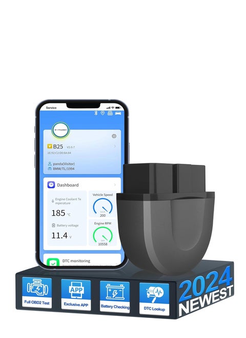 OBD2 Bluetooth Car Scanner Adapter, Wireless OBD II Diagnostic Scan Tools for iPhone & Android, Enhanced Vehicle Code Readers with All System Scan, Live Data, Freeze Frame, Performance Test