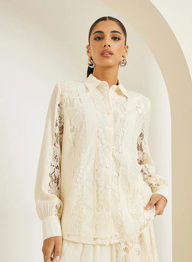 Styli Women Off White Lace Top and Skirts Co-Ords