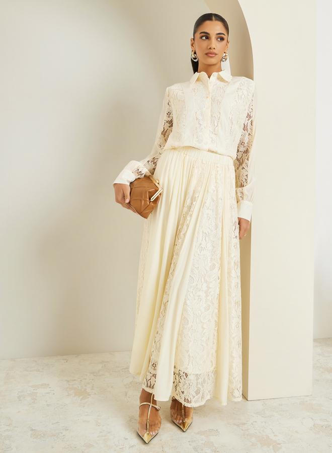 ستايلي طقم منسق من تنورة وبلوزة بتفاصيل دانتيل - Image 1