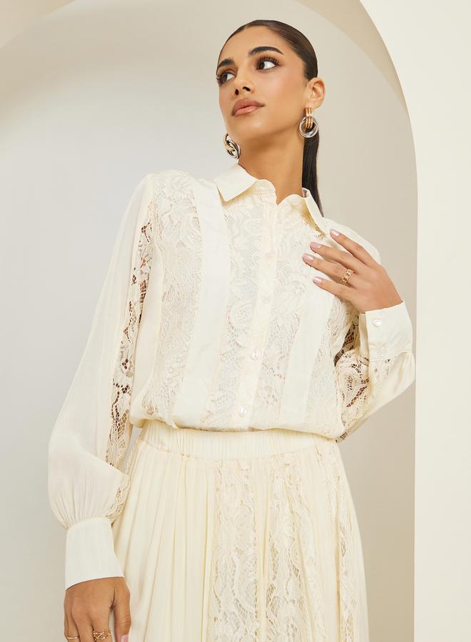 ستايلي طقم منسق من تنورة وبلوزة بتفاصيل دانتيل - Image 3