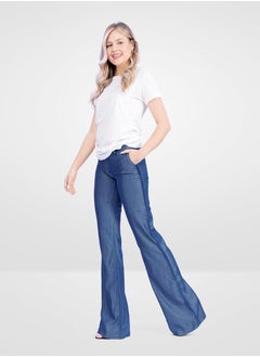 Web Denim Web Denim Dark Blue Lightweight Stretchable Bottom Flare Pants Fashionable Comfort Fit Casual 100% Tencel Pant For Women’s  - Image 1