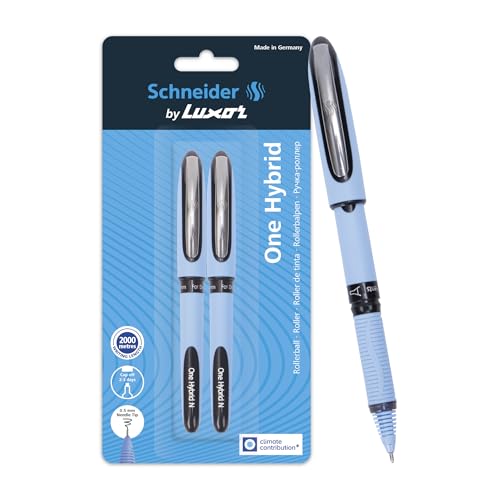 Luxor Schneider, One Hybrid Roller Ball Pen, Pack of 2, 0.5 mm Needle Tip, Ink Colour - Black, 2000 metres writing length, Cap off Time 2-3 days - Image 1