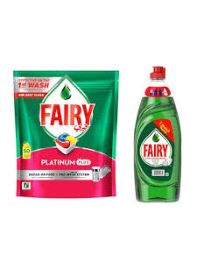 فيري كبسولات منظف بلاتينيوم بلس لغسالة الأطباق الاوتوماتيك من فيري، 50 كبسولة + فيرى سائل مركز أصلى عبوة ٦٢٠مل - Image 1