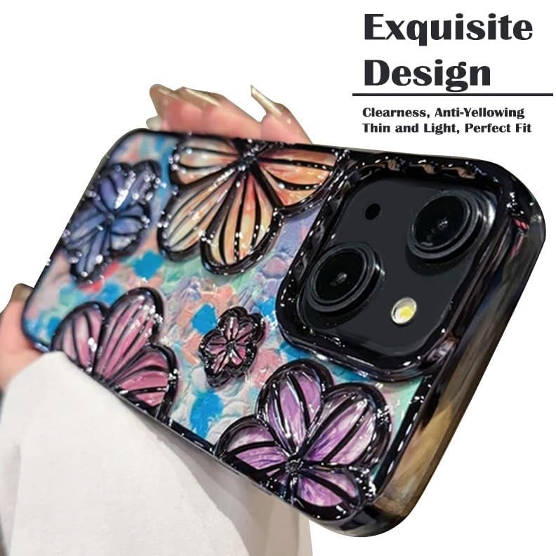 mobistyle Designed for iPhone 15 Cover| Electroplating Colourful Flower 3D TPU Camera Protection Back Cover Case for Women Girls (Flower Black) - Image 5