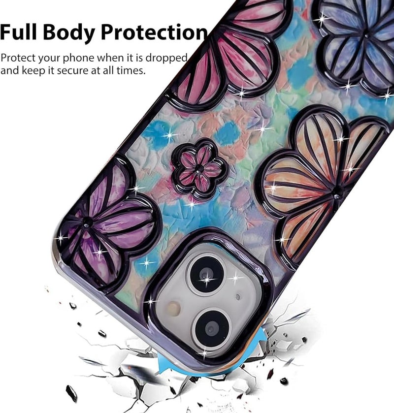 mobistyle Designed for iPhone 15 Cover| Electroplating Colourful Flower 3D TPU Camera Protection Back Cover Case for Women Girls (Flower Black) - Image 2