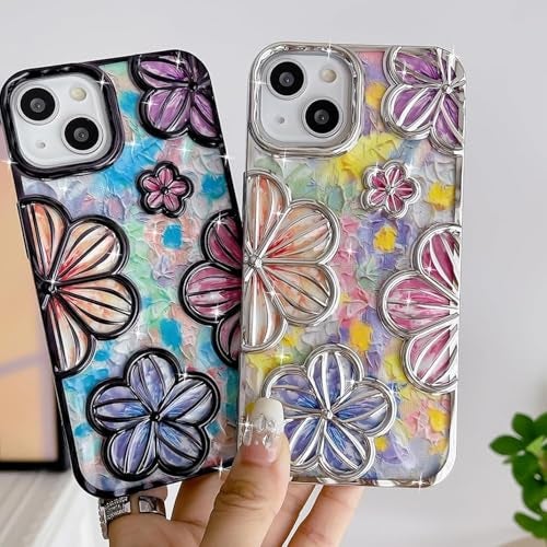 mobistyle Designed for iPhone 15 Cover| Electroplating Colourful Flower 3D TPU Camera Protection Back Cover Case for Women Girls (Flower Black) - Image 4