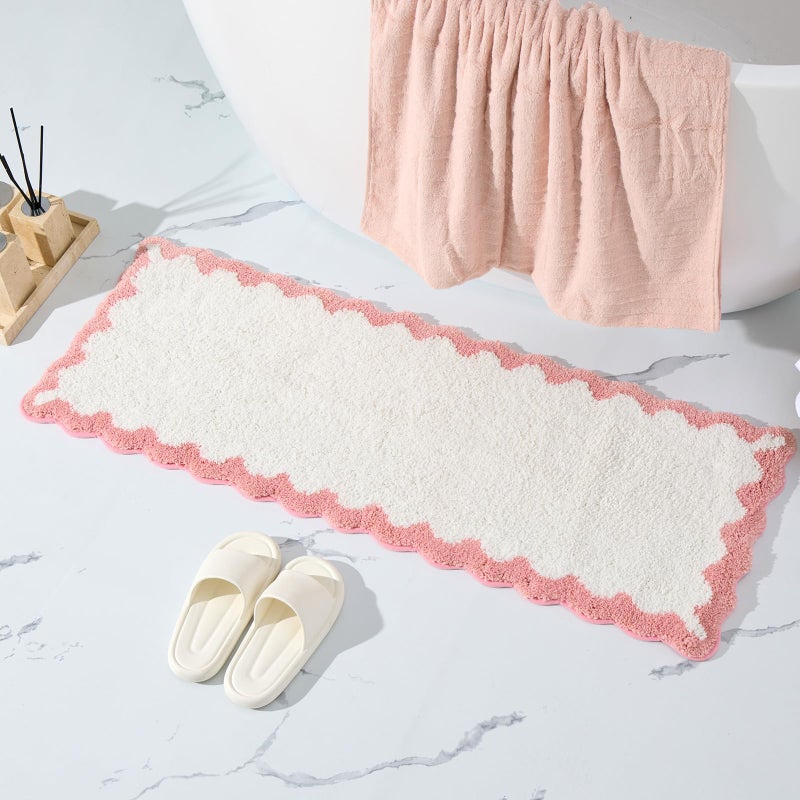 ORTIGIA Long Cute Scalloped Bathroom Rugs Runner, Fun White and Pink Plush Microfiber Scallop Bath Mats Non Slip Washable Quick Dry Absorbent, Rug Carpet for Bathtub Sink Laundry Room Bedroom, 17x47 - Image 1