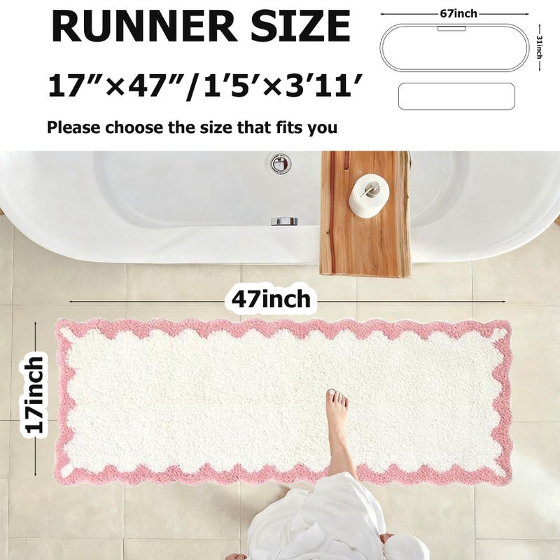 ORTIGIA Long Cute Scalloped Bathroom Rugs Runner, Fun White and Pink Plush Microfiber Scallop Bath Mats Non Slip Washable Quick Dry Absorbent, Rug Carpet for Bathtub Sink Laundry Room Bedroom, 17x47 - Image 2