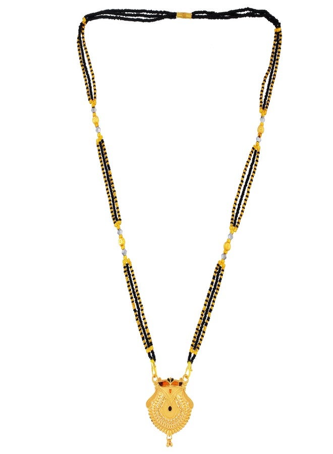 DULCI Traditional Gold Plated Mangalsutra Intricate Pendant with Black Beaded Chain for Women - Image 3