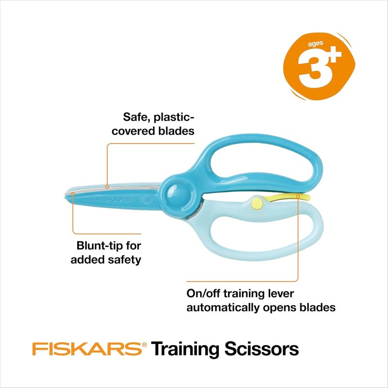 Fiskars Training Scissors for Preschoolers Ages 3+ (3-Pack), Small Kids Safety Scissors with Training Lever, Easy to Use, Preschooler Art Supplies, Back To School, Turquoise and Red - Image 3