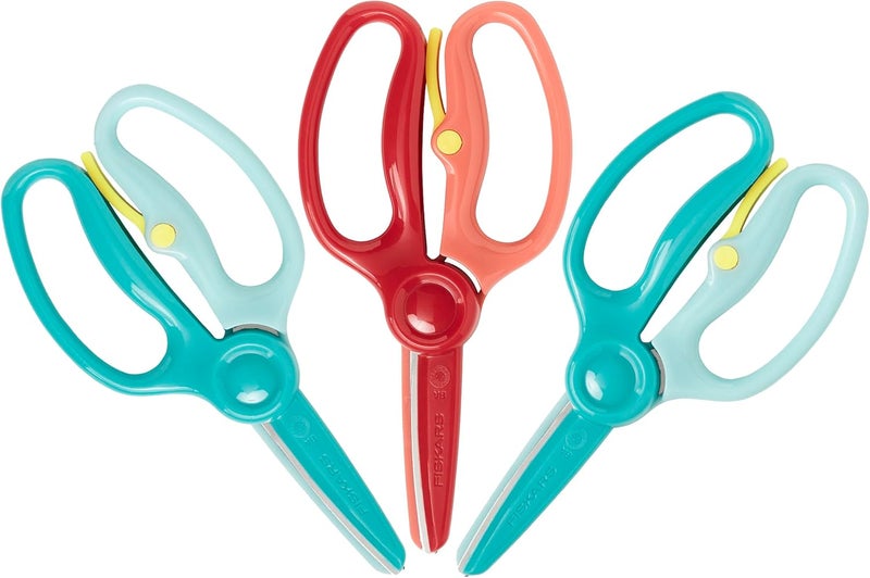Fiskars Training Scissors for Preschoolers Ages 3+ (3-Pack), Small Kids Safety Scissors with Training Lever, Easy to Use, Preschooler Art Supplies, Back To School, Turquoise and Red - Image 1