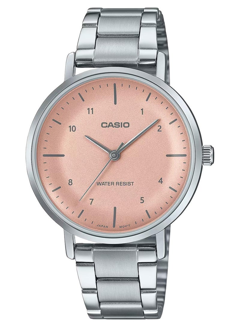 CASIO ساعة يد نسائية من الفولاذ المقاوم للصدأ بقرص مقعر وردي، أنالوج كوارتز LTP-VT03D-4B