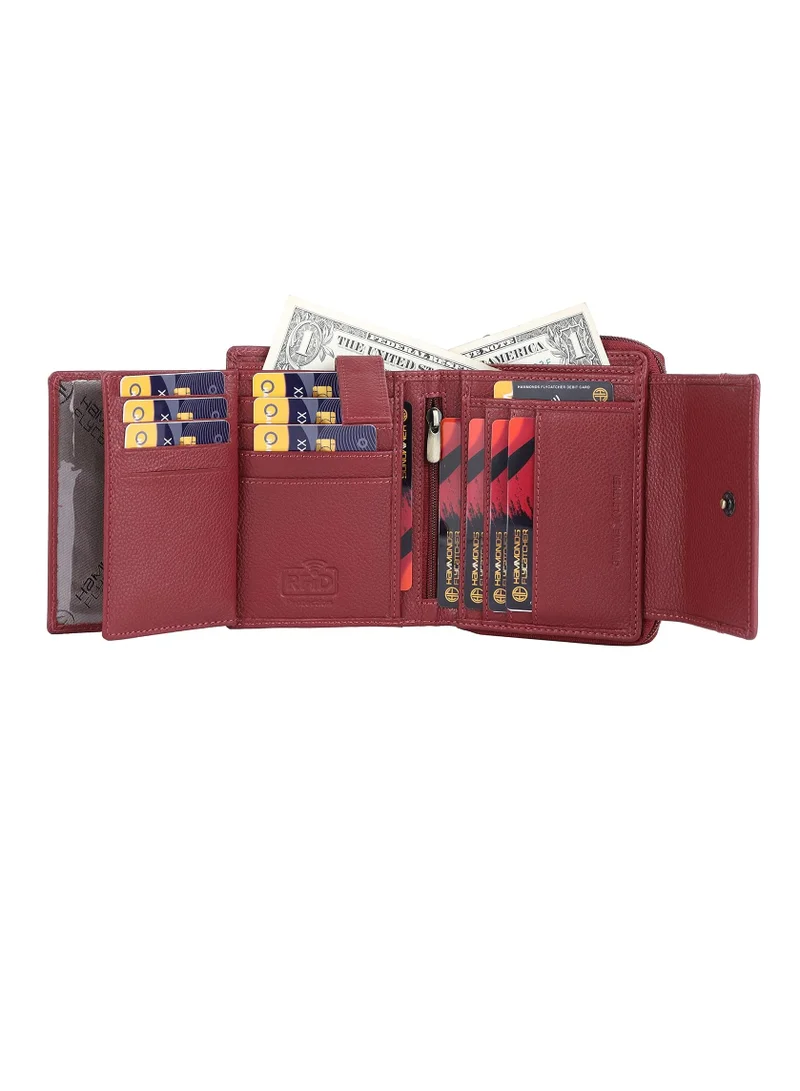 HAMMONDS FLYCATCHER Wallet for Women - Leather Ladies Wallet - Berry Red - 14 Card Slots - RFID Protection - 3 ID Card Slots - Women's Wallet - Button Closure - Daily Use, Women Money Purse | NR34
