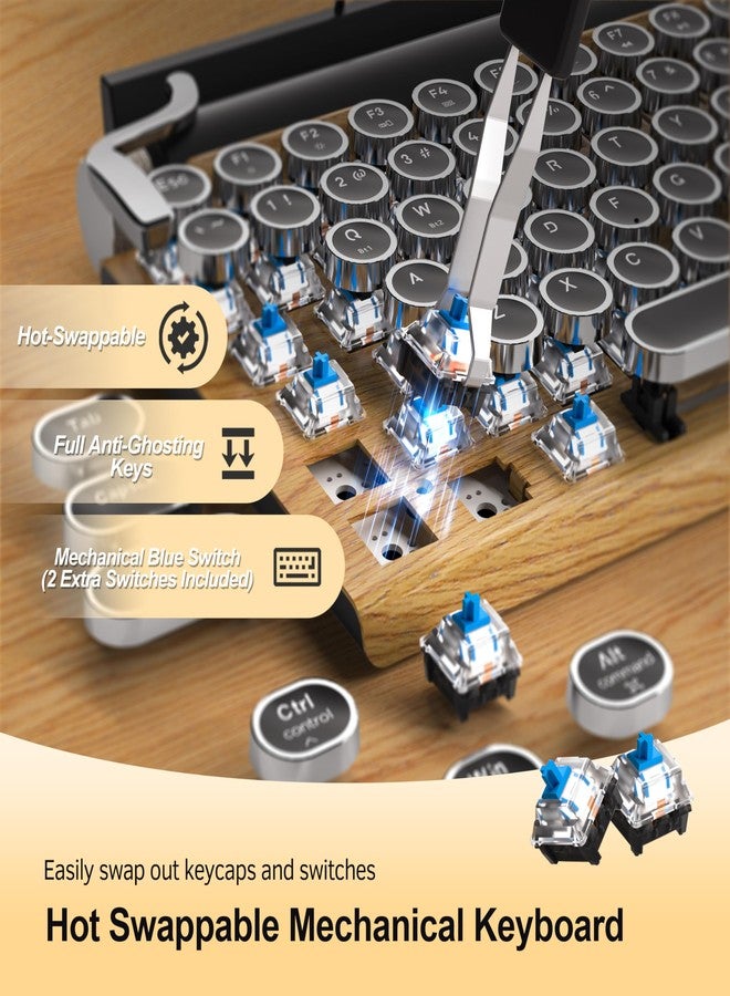 Taiahiro Retro Typewriter Wireless Mechanical Gaming Keyboard, Bluetooth 5.0 Office Computer Vintage Keyboards 83-Key Blue Switches Punk Round Keycap, LED Backlight, Compatible with PC/Laptop/Pad/Phone, Wood - Image 3