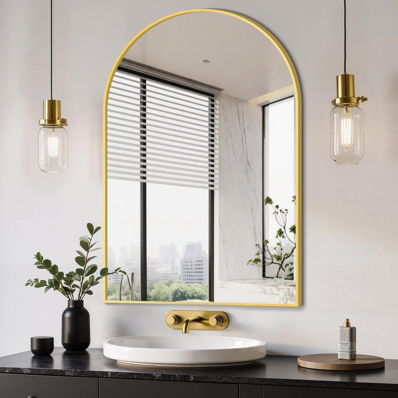 Delma Arched Bathroom Mirror, 24"x36" Wall Mounted Vanity Mirror for Bedroom, Living Room and Entryway, Gold - Image 1