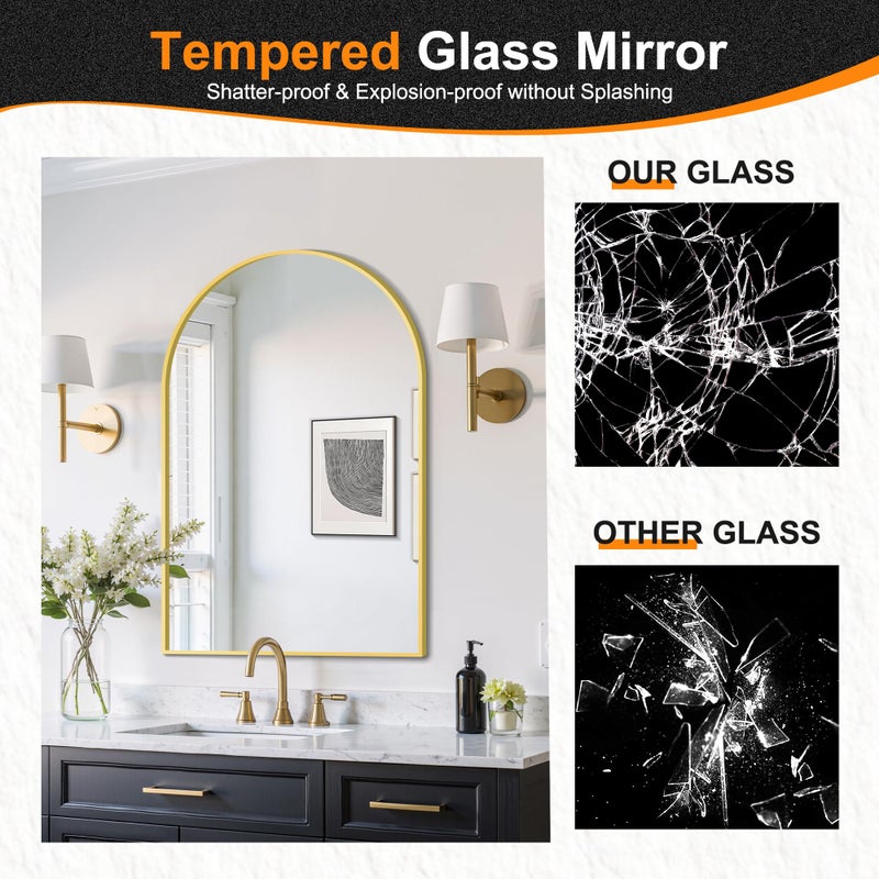 Delma Arched Bathroom Mirror, 24"x36" Wall Mounted Vanity Mirror for Bedroom, Living Room and Entryway, Gold - Image 4