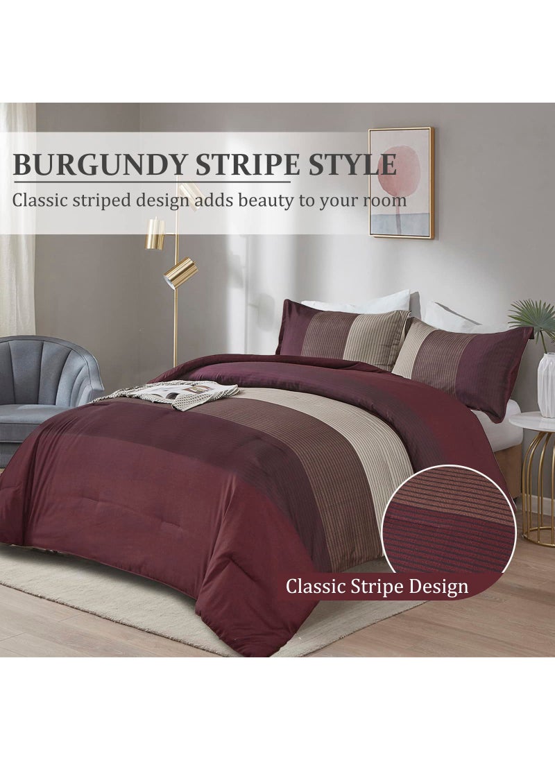 WONGS BEDDING WONGS BEDDING Burgundy Comforter Set Queen  Reversible Burgundy Stripe Down Alternative Comforter for All Season 3 Pieces(1 Comforter+2 Pillowcases)  Soft Microfiber Bedding Duvet Set 90  90  - Image 2