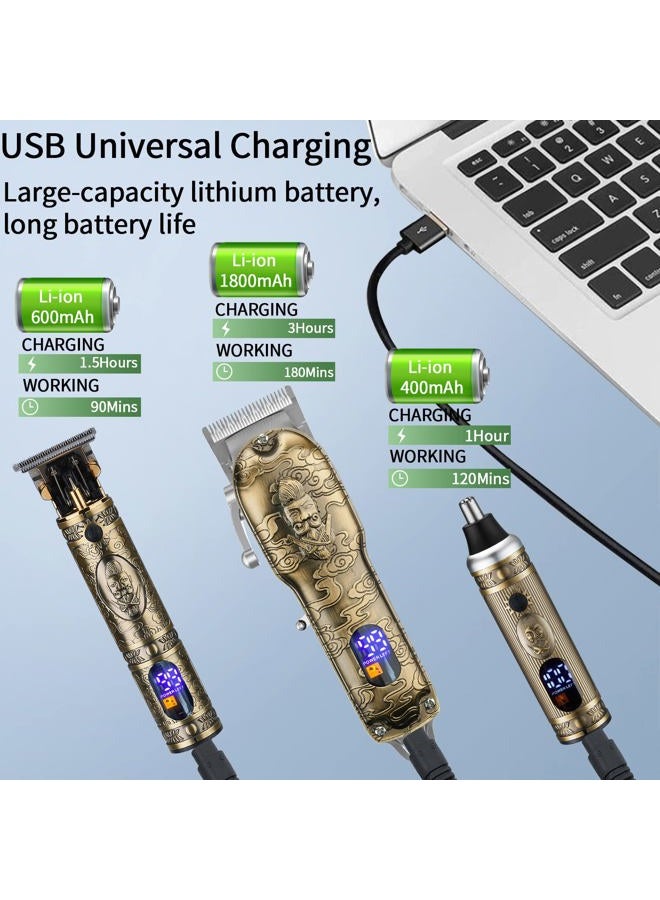 Dumite Hair Clippers for Men,Hair Trimmer Nose and Ear Hair Trimmer Clipper Set with Razor Replacement Head,USB Professional Rechargeable T-Blade Hair Cutting Grooming Kit LED Display (Gold) - Image 3