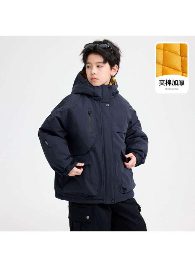 Boys' Winter Waterproof Sports Padded Jacket, Medium And Large Children's Cotton Coat,  New Model, Children's Outdoor Hooded Outerwear