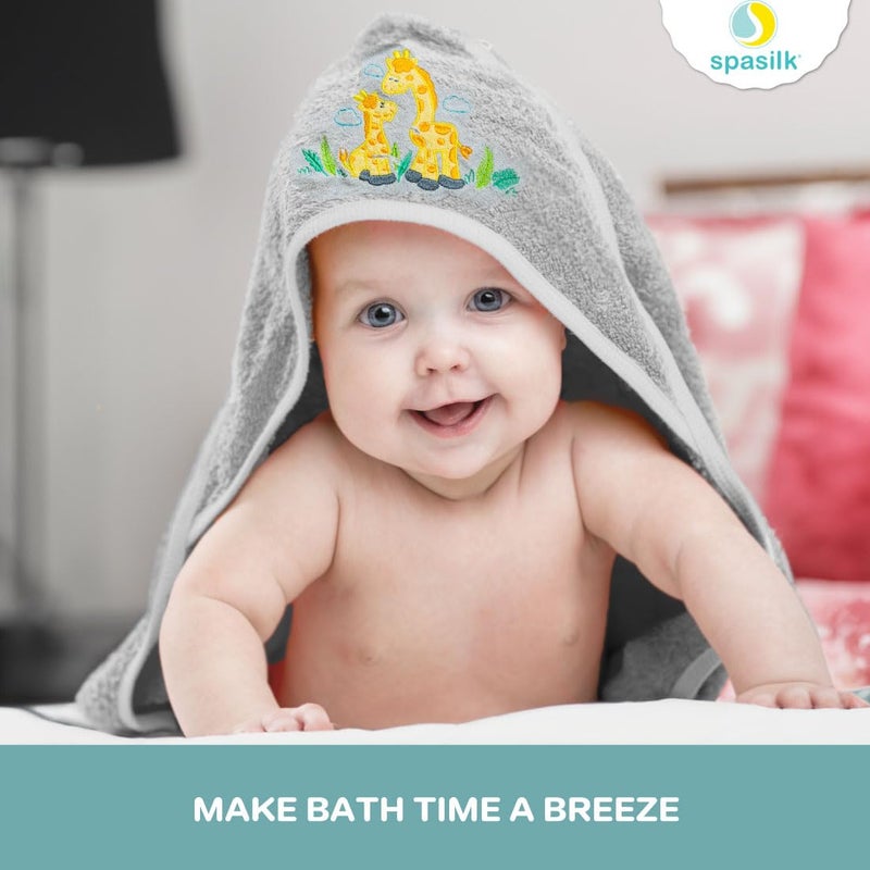 Spasilk Hooded Bath Towel and Washcloths Set for Newborns, 1 Soft Terry Baby Towel and 3 Baby Washcloths, Baby Essentials, Ideal, One Size, Gray Giraffe - Image 5