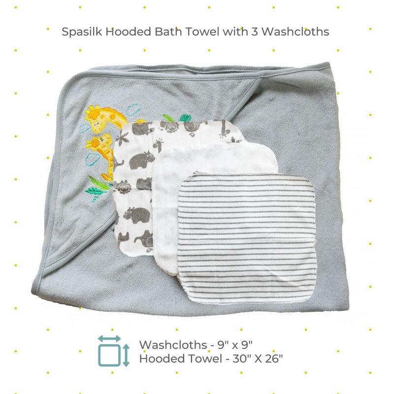 Spasilk Hooded Bath Towel and Washcloths Set for Newborns, 1 Soft Terry Baby Towel and 3 Baby Washcloths, Baby Essentials, Ideal, One Size, Gray Giraffe - Image 2