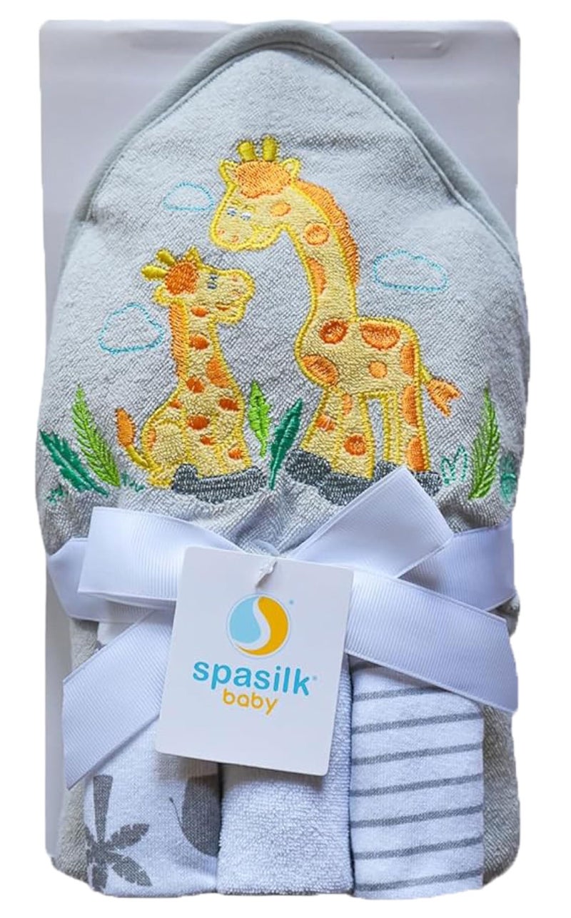 Spasilk Hooded Bath Towel and Washcloths Set for Newborns, 1 Soft Terry Baby Towel and 3 Baby Washcloths, Baby Essentials, Ideal, One Size, Gray Giraffe - Image 1
