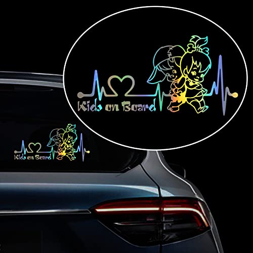 Iprokiu 2pcs Heartbeat Kids on Board Sticker for Car Vinyl Decal Car Body Window Bumper Stickers Cute Boy and Girl Baby on Board Safety Warning Sign Laptop SUV Trucks Car Sticker and Decal Dazzle color - Image 1