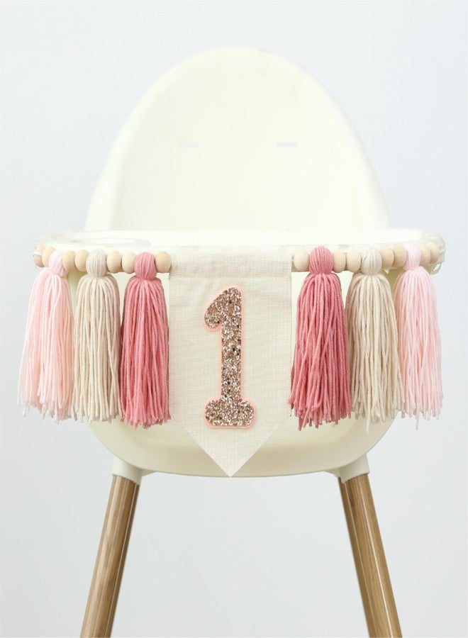 Ereniko Handmade Boho Pink 1st Birthday High Chair Banner First Highchair Banner For Baby Girls Wall Hangings Wood Bead Tassel Garland 1 Birthday Party Decorations Cake Smash Photo Props - Image 1