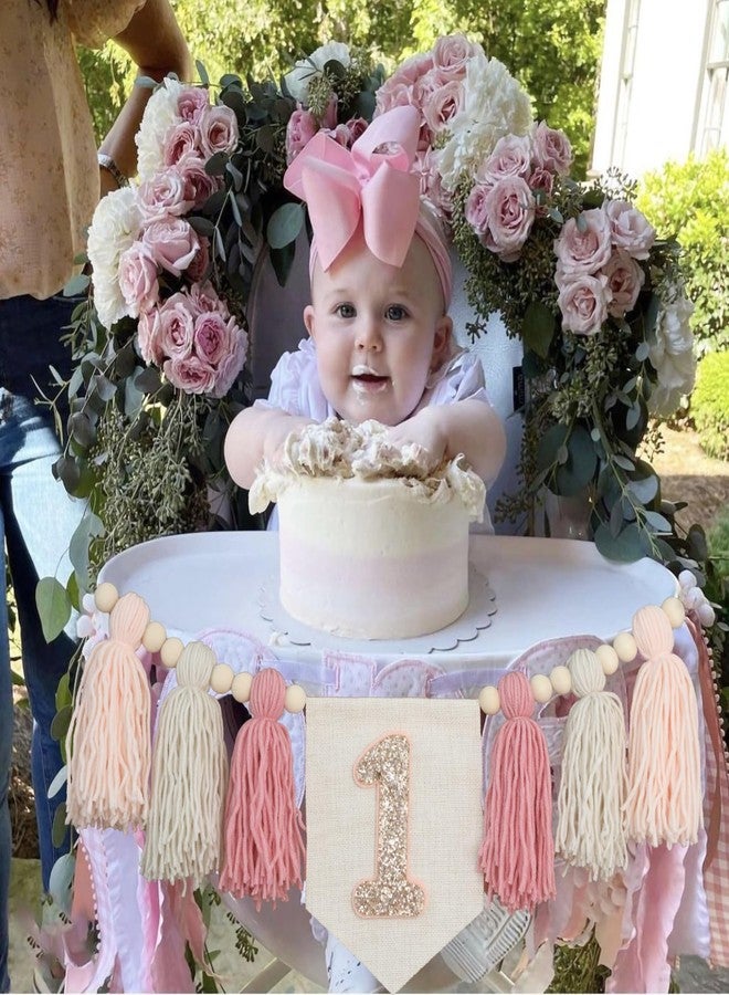 Ereniko Handmade Boho Pink 1st Birthday High Chair Banner First Highchair Banner For Baby Girls Wall Hangings Wood Bead Tassel Garland 1 Birthday Party Decorations Cake Smash Photo Props - Image 3