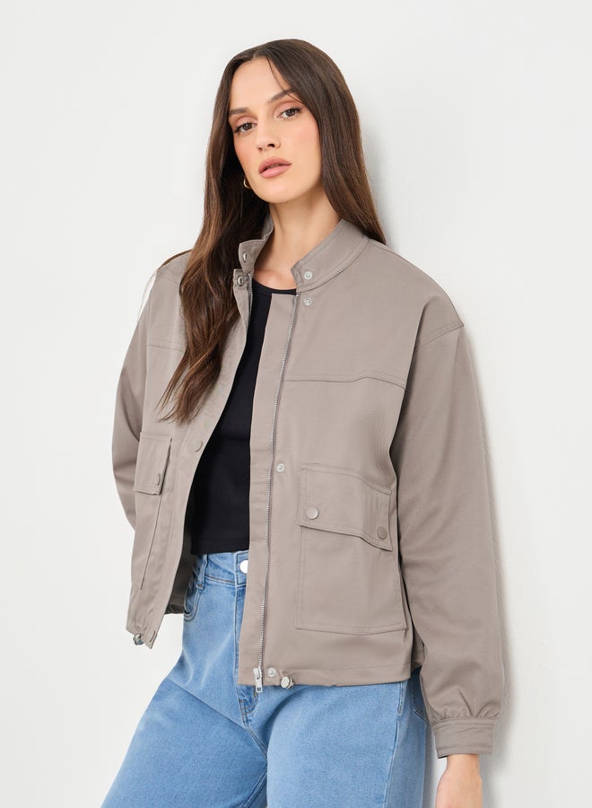 Styli Women Brown Regular Fit Bomber Jacket with Pockets - Image 3