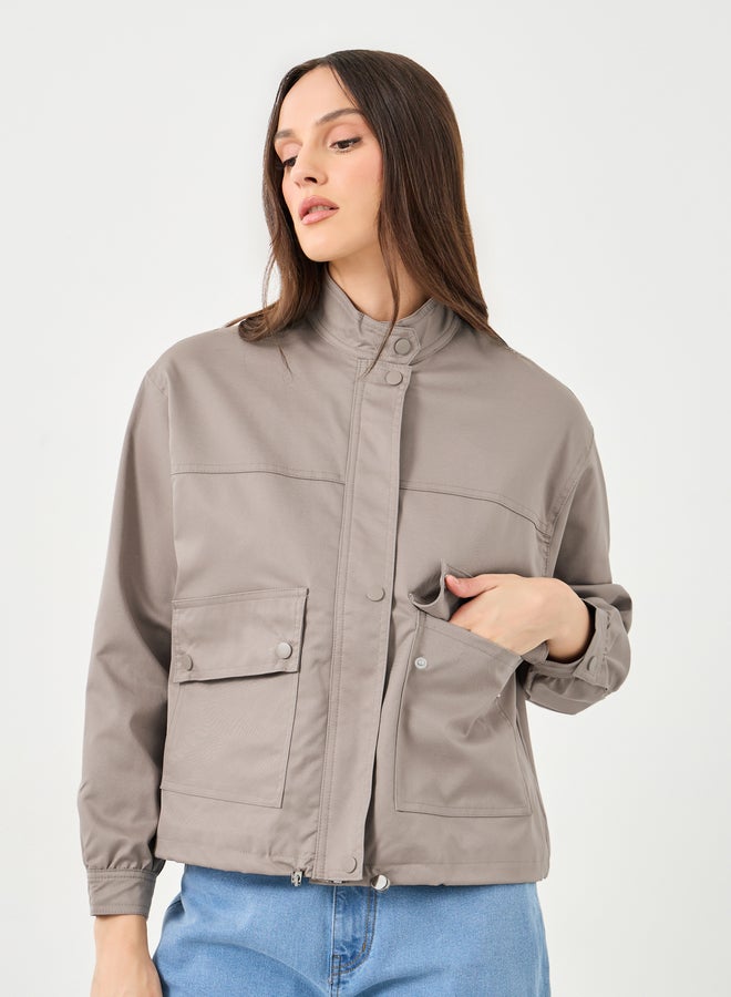 Styli Women Brown Regular Fit Bomber Jacket with Pockets - Image 4