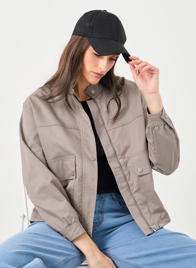 Styli Women Brown Regular Fit Bomber Jacket with Pockets - Image 1