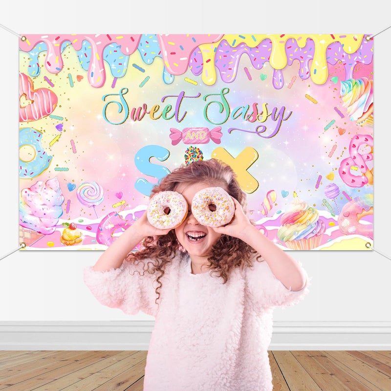 Mocsicka Donut 6th Birthday Banner Backdrop Sweet Sassy and Six Birthday Decorations Banner for Girls Sixth Birthday Party Banner for Phogography (Pink, 70.8x43.3 inch) - Image 5