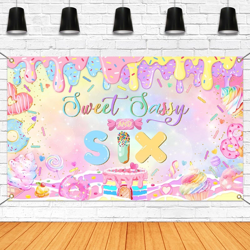 Mocsicka Donut 6th Birthday Banner Backdrop Sweet Sassy and Six Birthday Decorations Banner for Girls Sixth Birthday Party Banner for Phogography (Pink, 70.8x43.3 inch) - Image 1