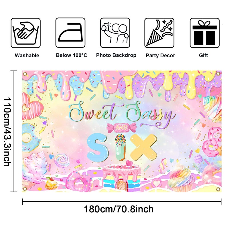 Mocsicka Donut 6th Birthday Banner Backdrop Sweet Sassy and Six Birthday Decorations Banner for Girls Sixth Birthday Party Banner for Phogography (Pink, 70.8x43.3 inch) - Image 3