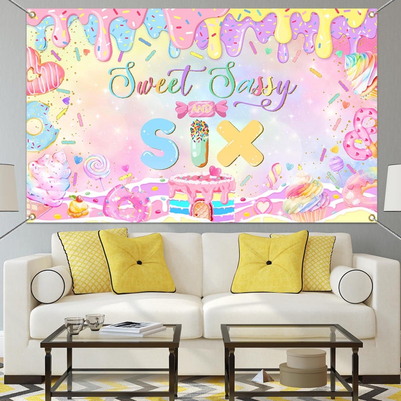 Mocsicka Donut 6th Birthday Banner Backdrop Sweet Sassy and Six Birthday Decorations Banner for Girls Sixth Birthday Party Banner for Phogography (Pink, 70.8x43.3 inch) - Image 4